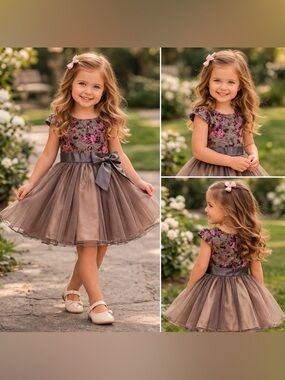 iris & ivy Brown Tulle Dress with Pink Floral Lace Bodice